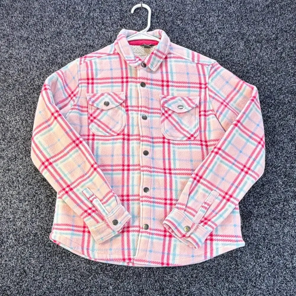 Eddie Bauer Kids Plaid Fleece Lined Shirt Jacket Button Pockets Pink 14